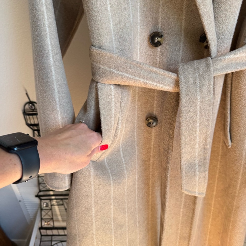 Zara Long Teddy Stripped Coat Wool Blended Trench Sz M - Picture 12 of 14